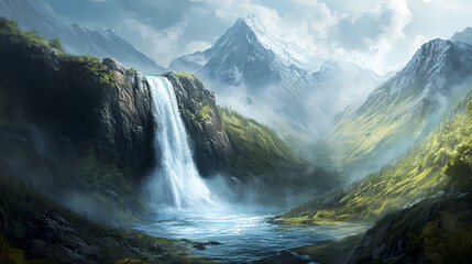 Fototapeta premium Upward flowing waterfall in mountainous landscape. Gravity-Defying Rivers. Illustration
