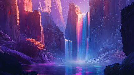 Vibrant canyon with gravity-defying rock formations and luminous, cascading waterfalls. Gravity-Defying Rivers. Illustration