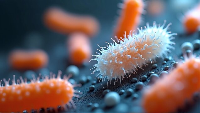 Close-up of rod-shaped Salmonella typhi bacteria: gram-negative, flagellated pathogens causing typhoid fever and systemic infections
