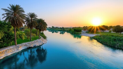 Obraz premium Serene Sunset Over Palm Trees and River