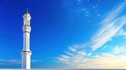 Tall white minaret stands against a bright celestial sky