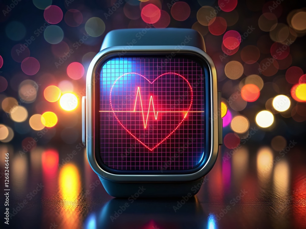 Poster minimalist heart rate monitor glowing display bokeh black background stock photo