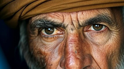 Elderly man with a thick gray beard and tanned skin, wearing a blue turban and matching clothing, possibly of South Asian or Middle Eastern descent.