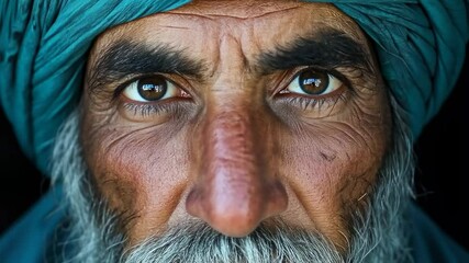 Elderly man with a thick gray beard and tanned skin, wearing a blue turban and matching clothing, possibly of South Asian or Middle Eastern descent.