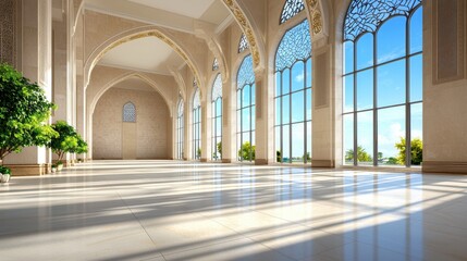 Fototapeta premium Sunlit Mosque Interior with Expansive Windows and Elegant Arches