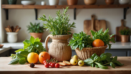 Fresh herbs and fruits in a rustic kitchen setting