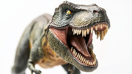 Obraz premium Close-up of a menacing T-Rex figurine with sharp teeth, embodying raw power and primal fear.