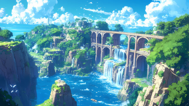 Enchanted islands: gravity-defying adventure in anime world, generative ai. Gravity-Defying Rivers. Illustration