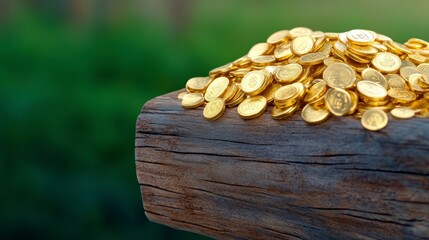 Pile of Gold Coins on a Wooden Surface with Green Background
