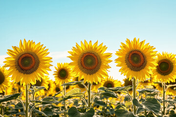 Obraz premium golden sunflower field in warm sunlight, vibrant summer landscape with blooming flowers and a bright blue sky