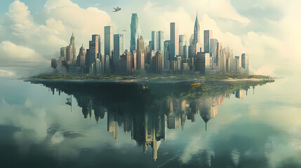 Fototapeta premium Floating city with gravity-defying architecture. Gravity-Defying Rivers. Illustration