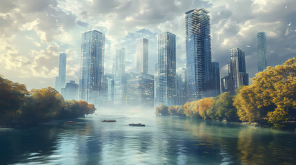 Obraz premium Floating skyscrapers: a surreal skyline blending fantasy and reality above a river. Gravity-Defying Rivers. Illustration