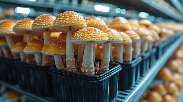 A close-up view of cultivated mushrooms in plastic containers on shelves.