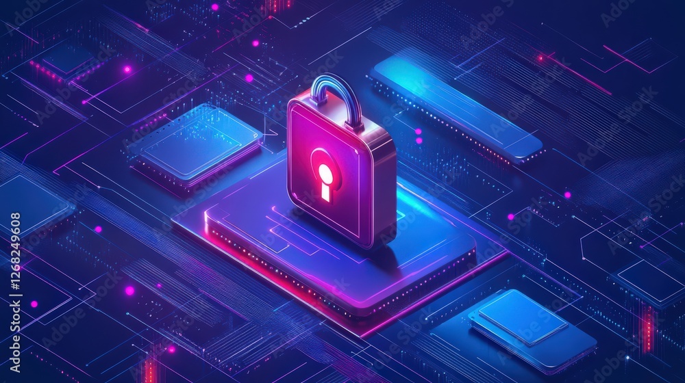 Poster cybersecurity lock: futuristic digital protection and data encryption concept