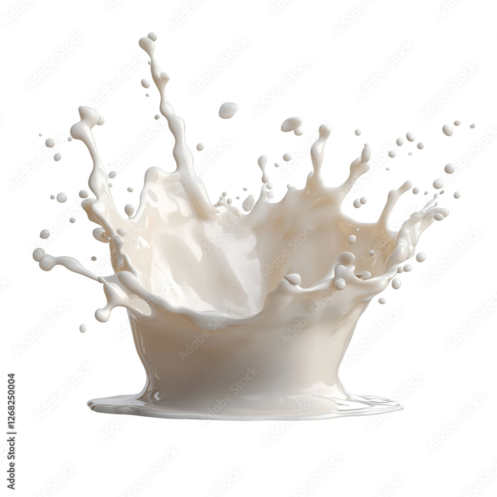 Poster creamy milk splash dynamic design background 3d food flow isolated on transparent background