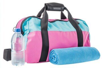 Pink gym bag, water bottle, towel, studio shot, fitness
