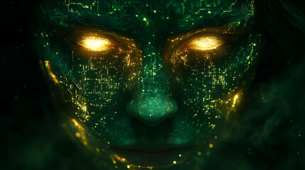 Close-up of futuristic face with glowing green  face and cybernetic eyes with circuitry illumination.