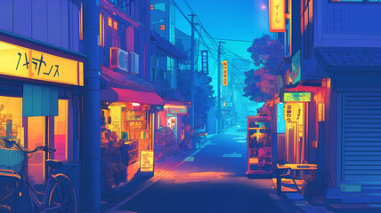 ネオンが輝く夜のレトロな商店街｜温かい灯りの幻想的な街並み