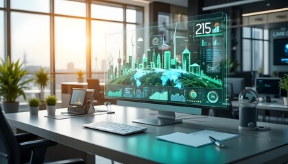 Overview of the future of business planning. Business growth with AI technology. Creative workplace. Solar energy. Wind turbines. Driving future success. Strategic planning for a sustainable future.