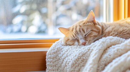 Cozy ginger cat napping on blanket by snowy window