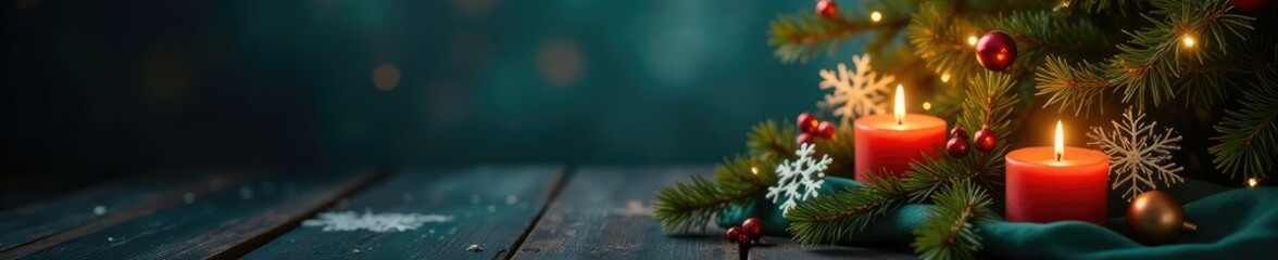 Decorated pine tree with snowflakes and candles, garland, pine