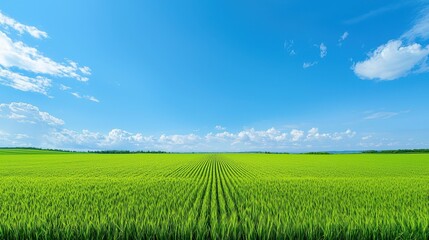 Obraz premium Lush Green Wheat Field Under a Blue Sky