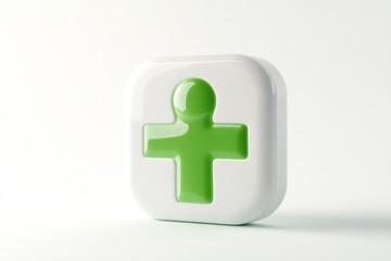 Obraz premium Green cross medical app icon, white background, 3D render, healthcare