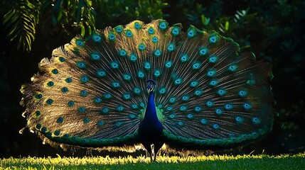 Obraz premium Majestic peacock displaying vibrant plumage in sunlight.
