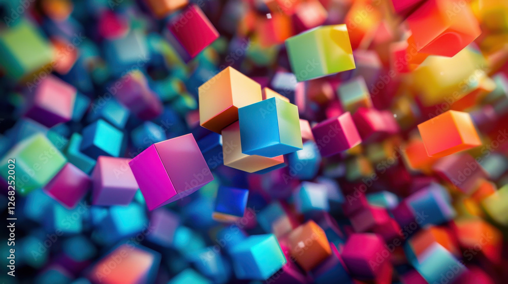 Poster colorful 3d cubes floating in vibrant abstract background, creating dynamic and energetic visual eff