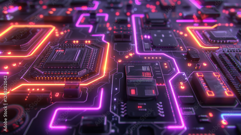 Poster futuristic circuit board with glowing neon lights and intricate patterns, showcasing technology and 