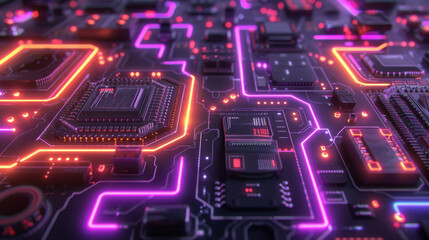 Fototapeta premium Futuristic circuit board with glowing neon lights and intricate patterns, showcasing technology and innovation