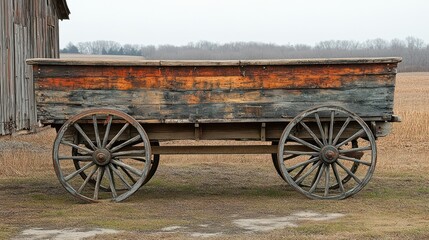 Obraz premium Old wooden wagon on rural field, barn in background