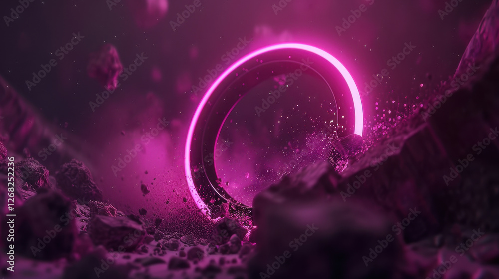 Poster glowing pink ring surrounded by floating rocks in cosmic environment creates surreal and captivating