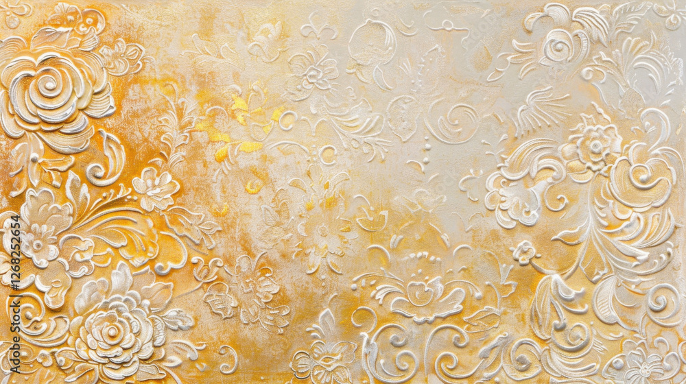 Poster Elegant floral relief design with intricate patterns in gold and white tones, perfect for adding touch of sophistication to any space