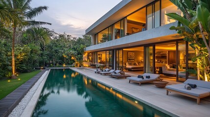 Fototapeta premium Minimalist tropical villa with pool and garden, embodying serene simplicity and harmony.