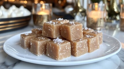 Salted Caramel Cubes: A delectable arrangement of golden-brown salted caramel cubes, glistening with sea salt crystals, rests on a pristine white plate.