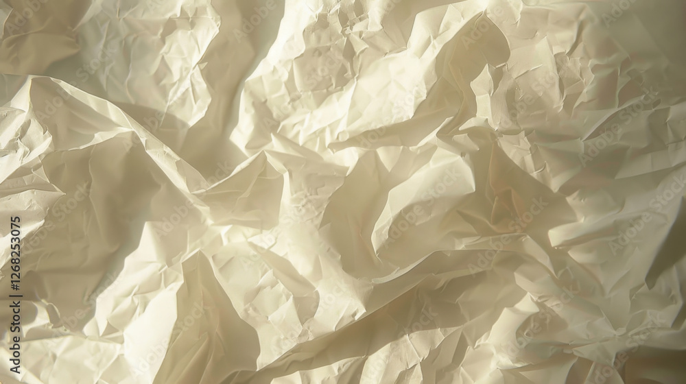 Poster crumpled paper texture with soft lighting creates abstract background. subtle folds and shadows add 