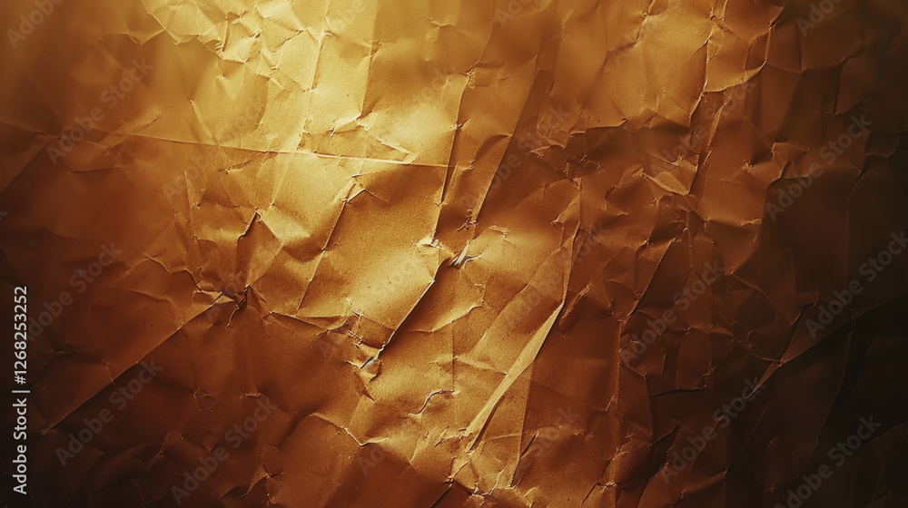 Poster crumpled golden paper texture with warm tones and intricate patterns, creating rich and dynamic visu