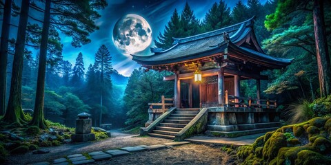 Obraz premium Mysterious Moonlit Shrine: Urban Exploration of a Forgotten Japanese Temple