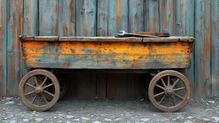 Obraz premium Old wooden cart with tools by weathered wall, potential garden decor