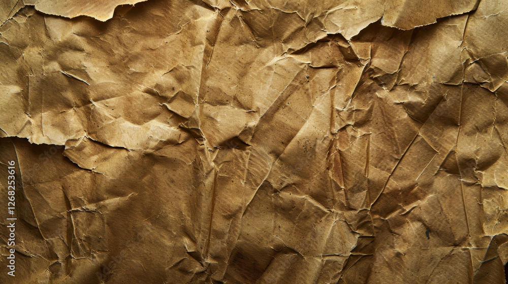 Poster crinkled brown paper texture with visible creases and folds, ideal for backgrounds or artistic proje