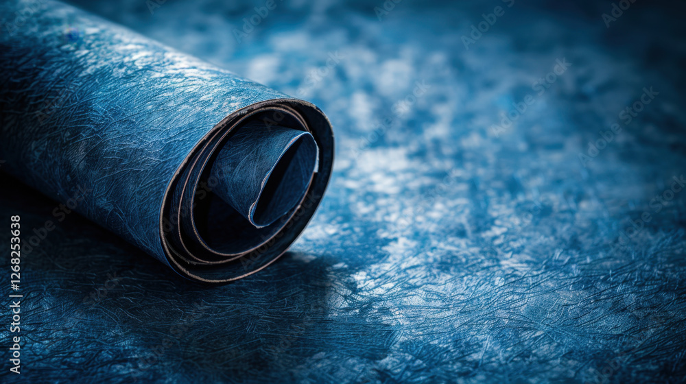 Poster rolled blue textured material on dark background, showcasing intricate patterns and depth. perfect f