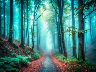 Obraz premium Mystical Forest Path: Turquoise Mist, Drone Aerial View