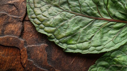 Obraz premium Close-Up of Fresh Green Leaf on Textured Wooden Surface