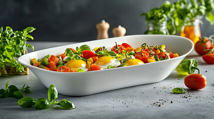 Fresh eggs with colorful vegetables and herbs in white dish, creating vibrant and appetizing presentation