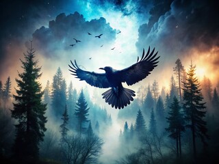 Obraz premium Mystical Raven Double Exposure: Cawing Bird Silhouette Over Dark Forest