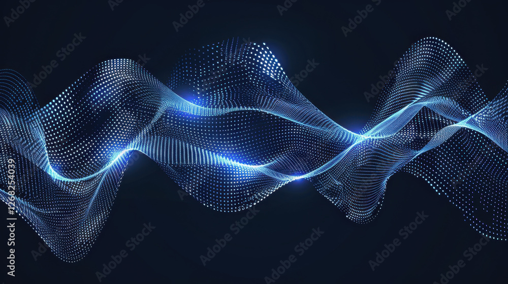 Fototapete Abstract digital wave pattern with glowing blue dots and lines, creating sense of movement and depth in dark background