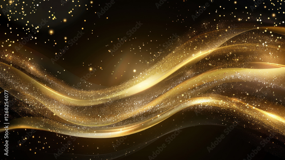 Poster elegant golden waves with sparkling particles on dark background create luxurious and festive atmosp