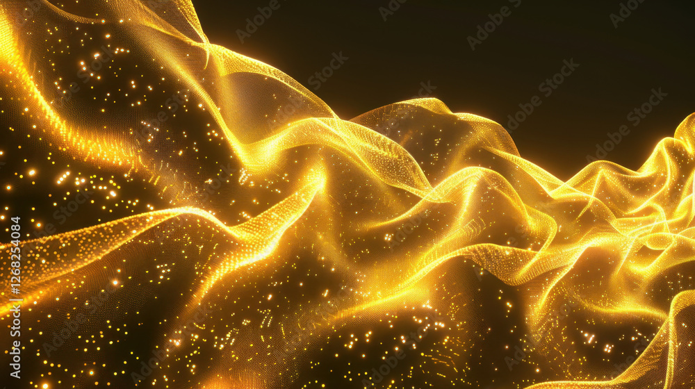 Poster golden waves of light create mesmerizing, flowing pattern with sparkling particles, evoking sense of