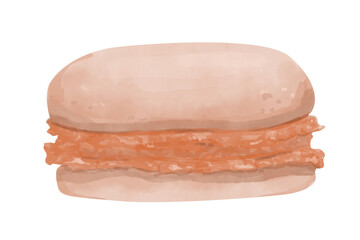 Watercolor Illustration with Pink Strawberry Macaron, Clipart Template for Print, Web Advertising, Textile